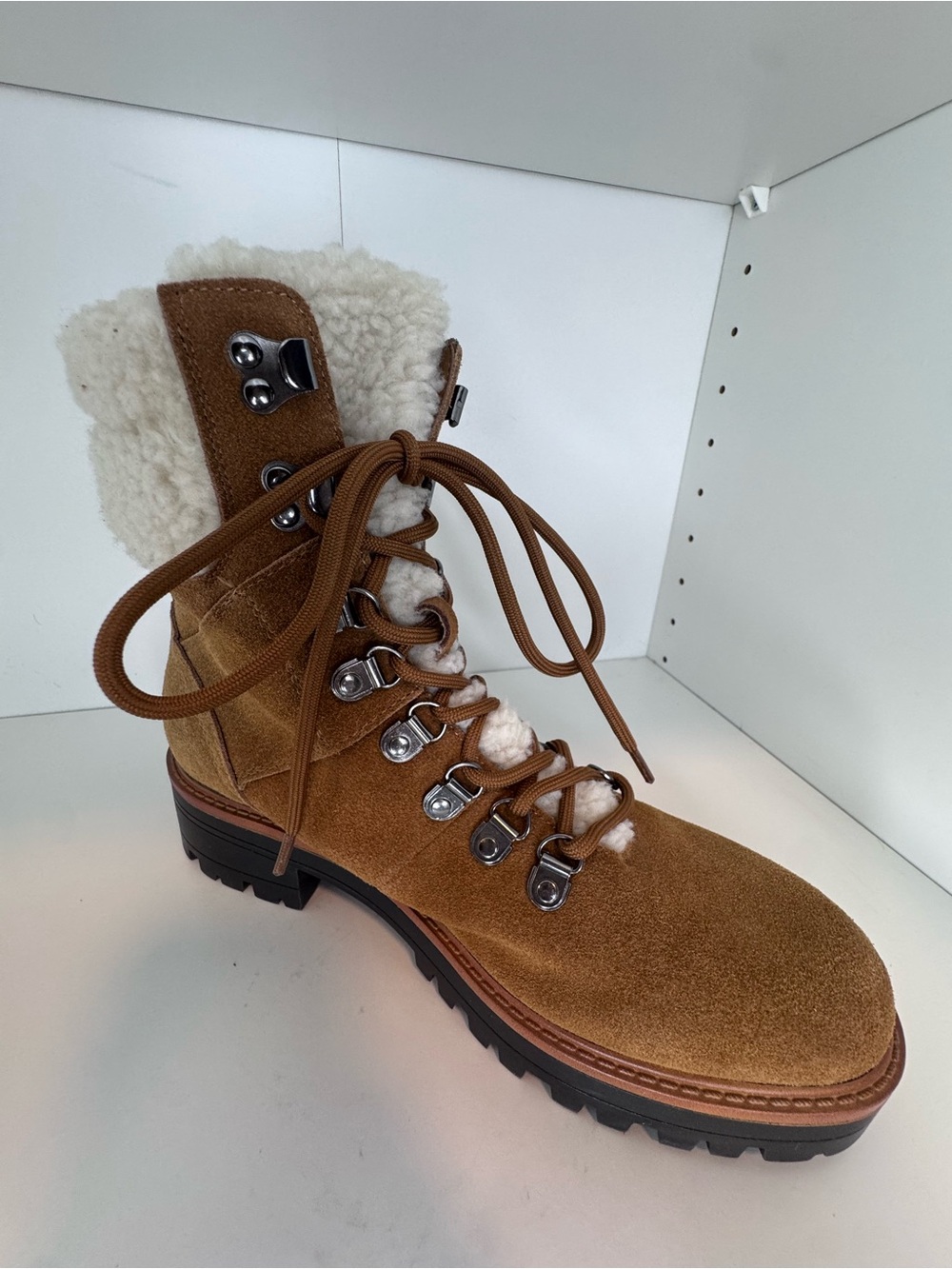Marc Fisher Suede Sherpa Hiking Boots Tan Lug Sole Size 9 - Picture 10 of 14